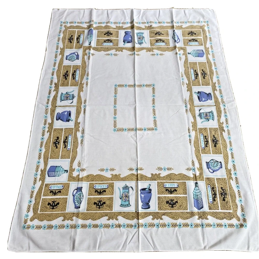 Vintage Mid Century Cotton Tablecloth Colonial Motif Blue & Tan 40